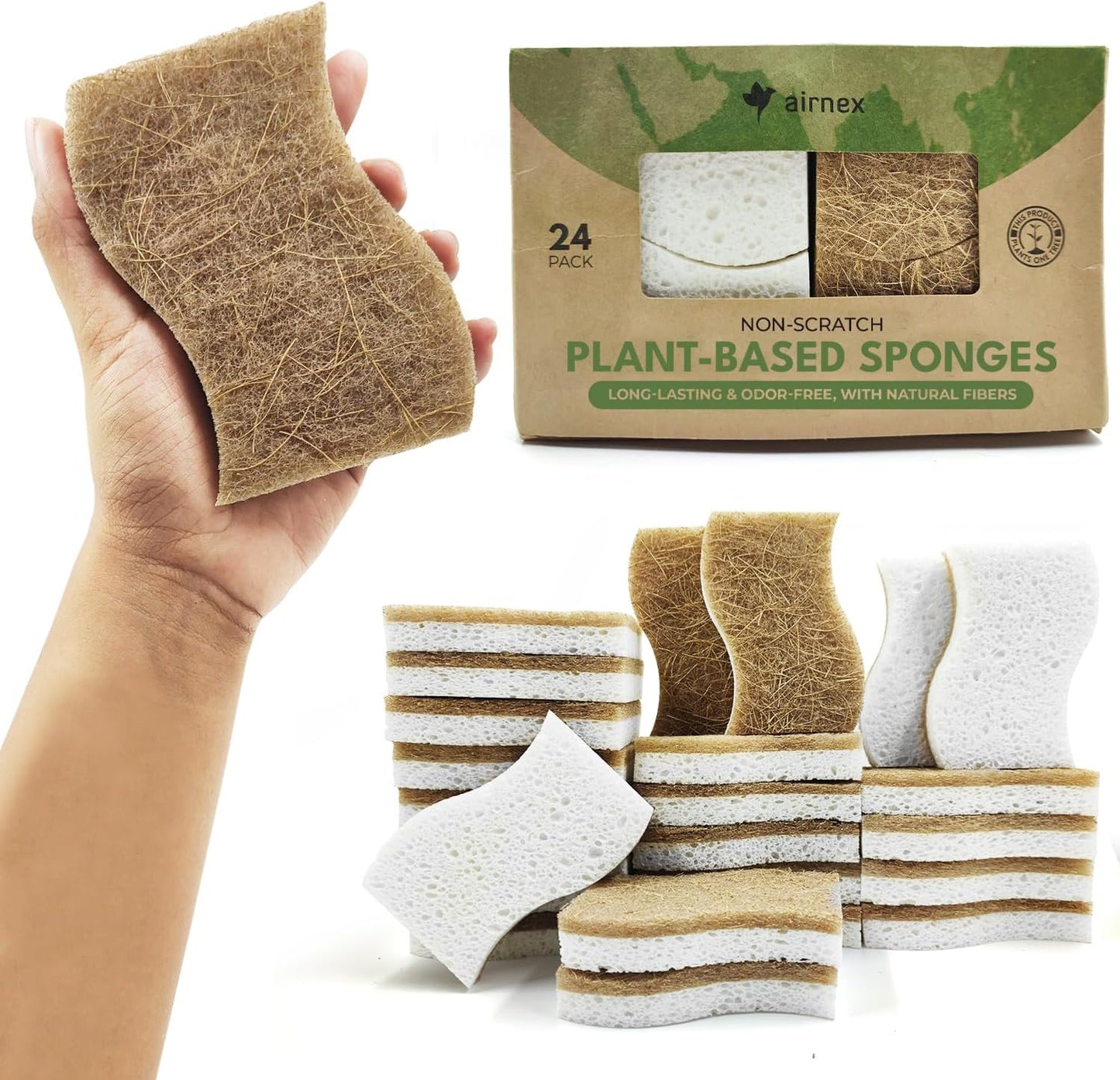 AIRNEX Natural Kitchen Sponges (12 Pack) - Biodegradable Cellulose & Coconut Scrubber Dish Sponges for Kitchen - Eco-Friendly, Non Scratch, Compostable, Non Toxic S-Shaped Natural Sponges for Dishes