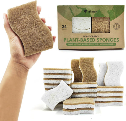 AIRNEX Natural Kitchen Sponges (12 Pack) - Biodegradable Cellulose & Coconut Scrubber Dish Sponges for Kitchen - Eco-Friendly, Non Scratch, Compostable, Non Toxic S-Shaped Natural Sponges for Dishes