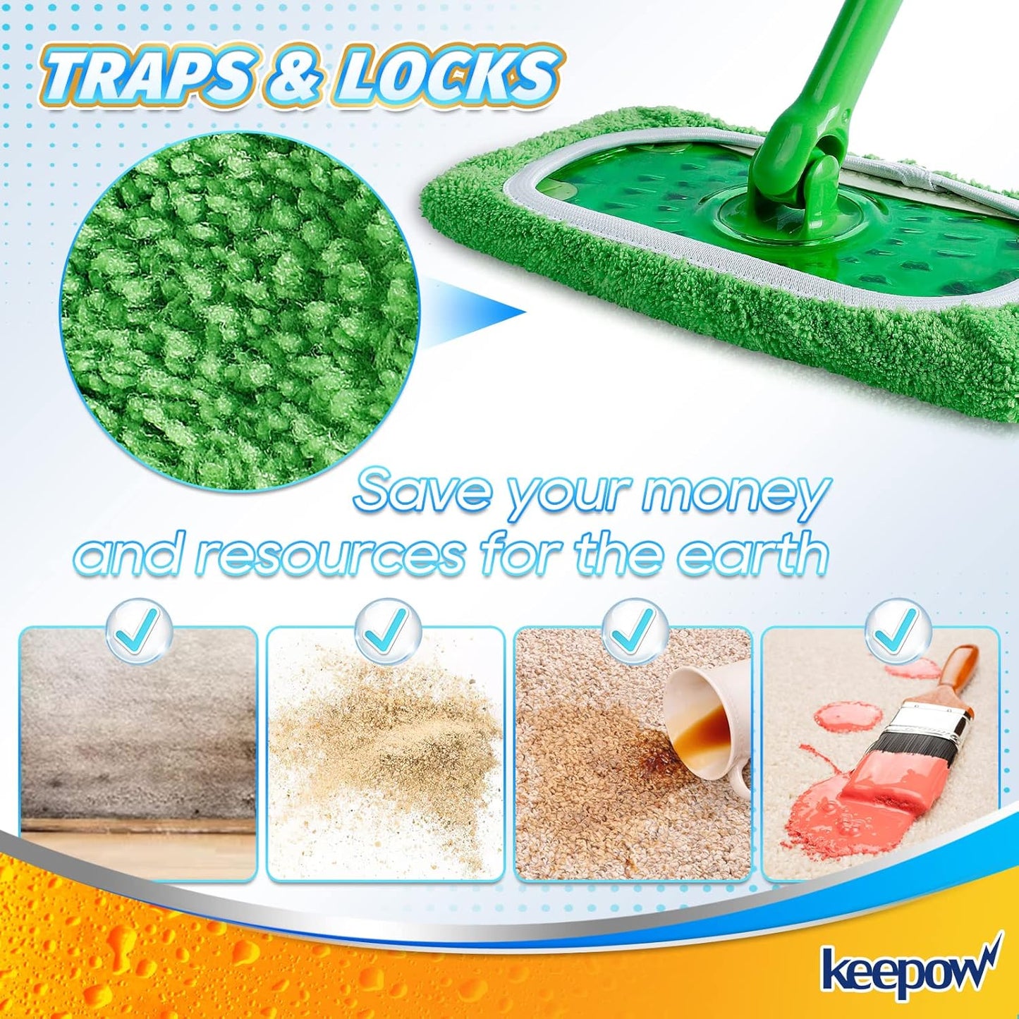 KEEPOW Reusable Mop Pads Compatible with Swiffer Sweeper Mop, Dry Sweeping Cloths for Swiffer Pads, 8 Pack Washable Microfiber Wet Mopping Cloth Refills for Surface/Hardwood Floor Cleaning