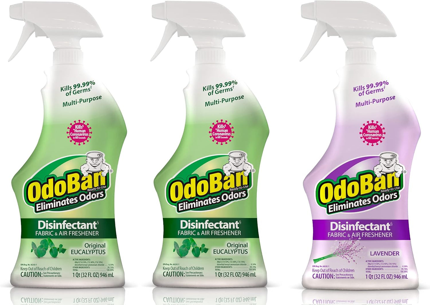 OdoBan Ready-to-Use Disinfectant and Odor Eliminator, Set of 3, 4 Ounce Travel Spray, 32 Ounce Spray, 1 Gallon Concentrate, Original Eucalyptus Scent