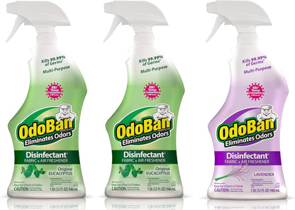 OdoBan Ready-to-Use Disinfectant and Odor Eliminator, Set of 3, 4 Ounce Travel Spray, 32 Ounce Spray, 1 Gallon Concentrate, Original Eucalyptus Scent