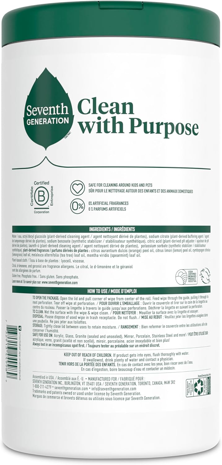 Seventh Generation Multi Surface Wipes All Purpose Cleaning Lemon Zest scent with 100% Essential Oils and Botanical Ingredients 70 count, Pack of 6