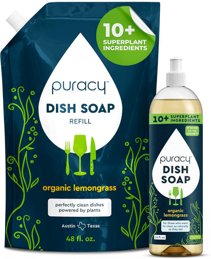 Puracy Natural Dish Soap Packs- Skin-Softening Plant-Based Dishwashing Soap, Non-Toxic Dish Soap, Organic Liquid Dishwashing Detergent Soap (Green Tea & Lime, 16 fl oz, 3 Pack)