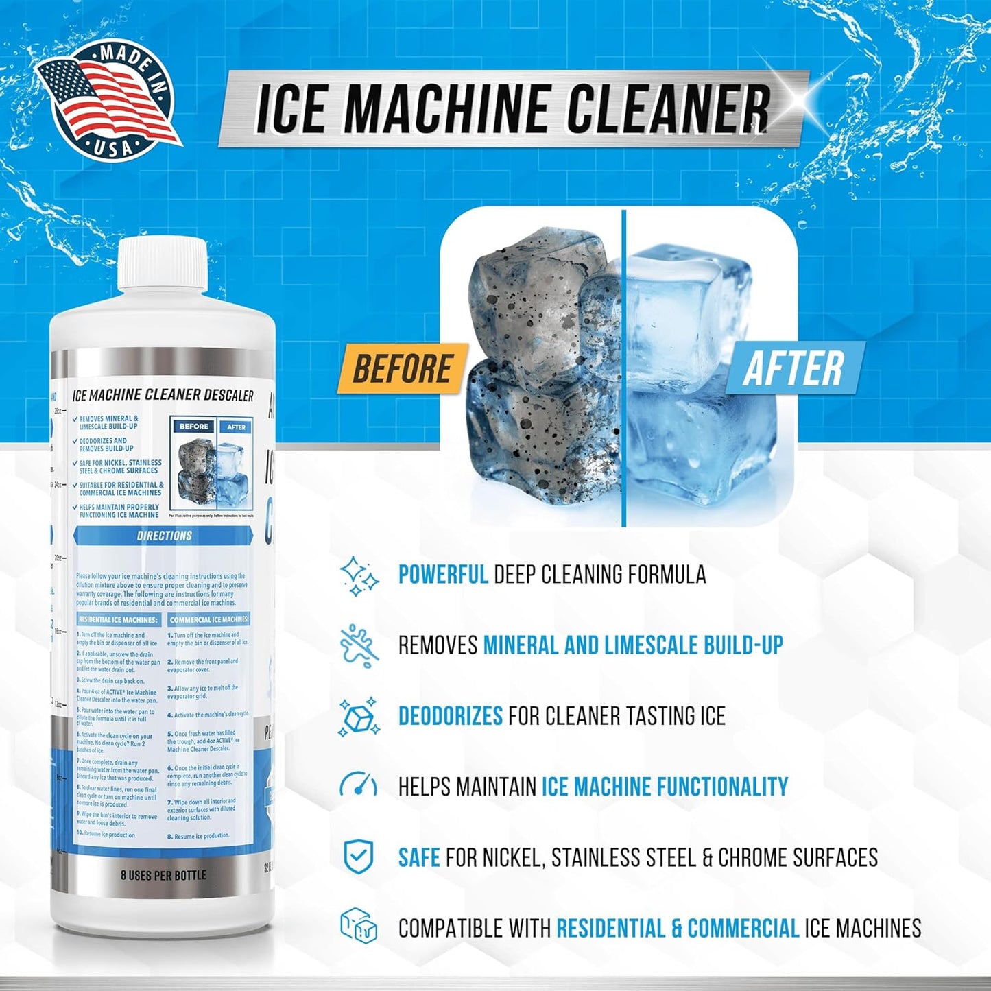 ACTIVE Ice Machine Cleaner Maker Descaler - 24 Clean Tablets Compatible with Frigidaire, Opal, GE Profile, Kitchenaid, Nickel Safe Scale Remover for Countertop, Nugget Ice Makers - Bulk 1 Year Supply