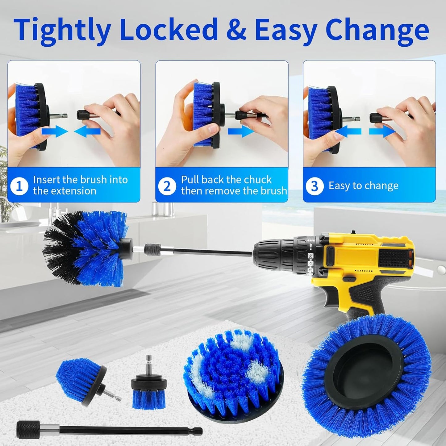 10 Pack Drill Brush Attachment Set, Drill Scrubber Brush Kit, Drill Cleaning Brush, Scrub Brush for Grout Floor Tub Shower Bathtub Tile Sink Toilet Bathroom Kitchen Car Yellow