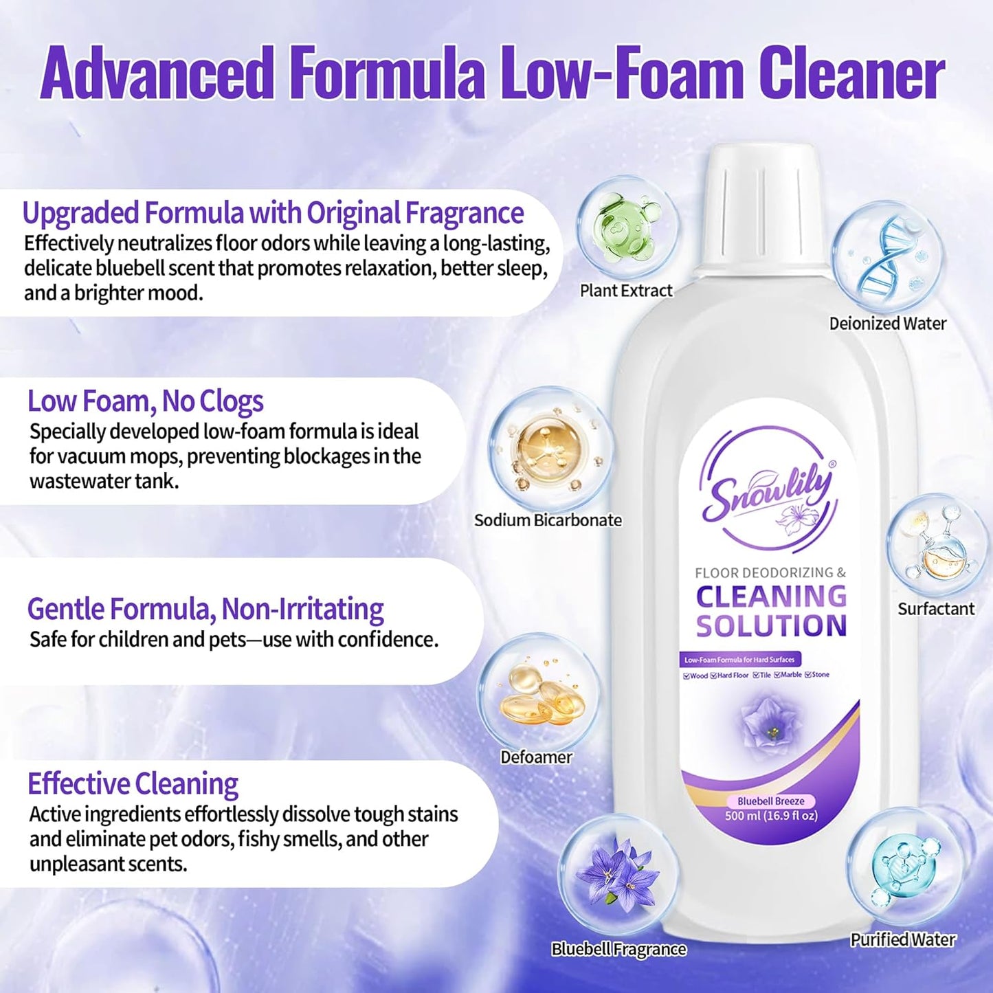 Snowlily 2 Pack Floor Cleaning Solution,Floor Cleaner for All Robot Vacuums Wet-Dry Mops,Deep Cleans Hardwood,Tile & Laminate,33.8 Fl Oz (Bluebell)