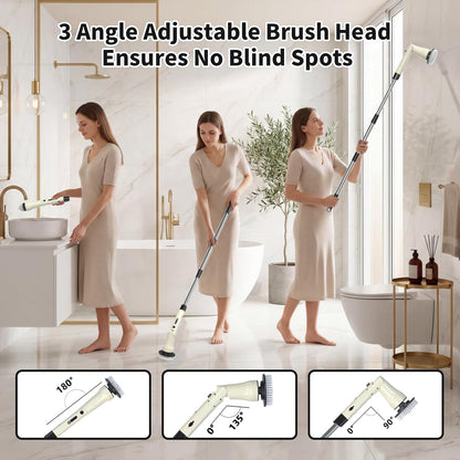 Electric Spin Scrubber, Hillyfe Bathroom Scrubber Electric with 7 Replaceable Brush Heads, IPX7 Waterproof,300/400 RPM, 3 Adjustable Length,Scrubber Brush Electric for Bathtub Floor,White