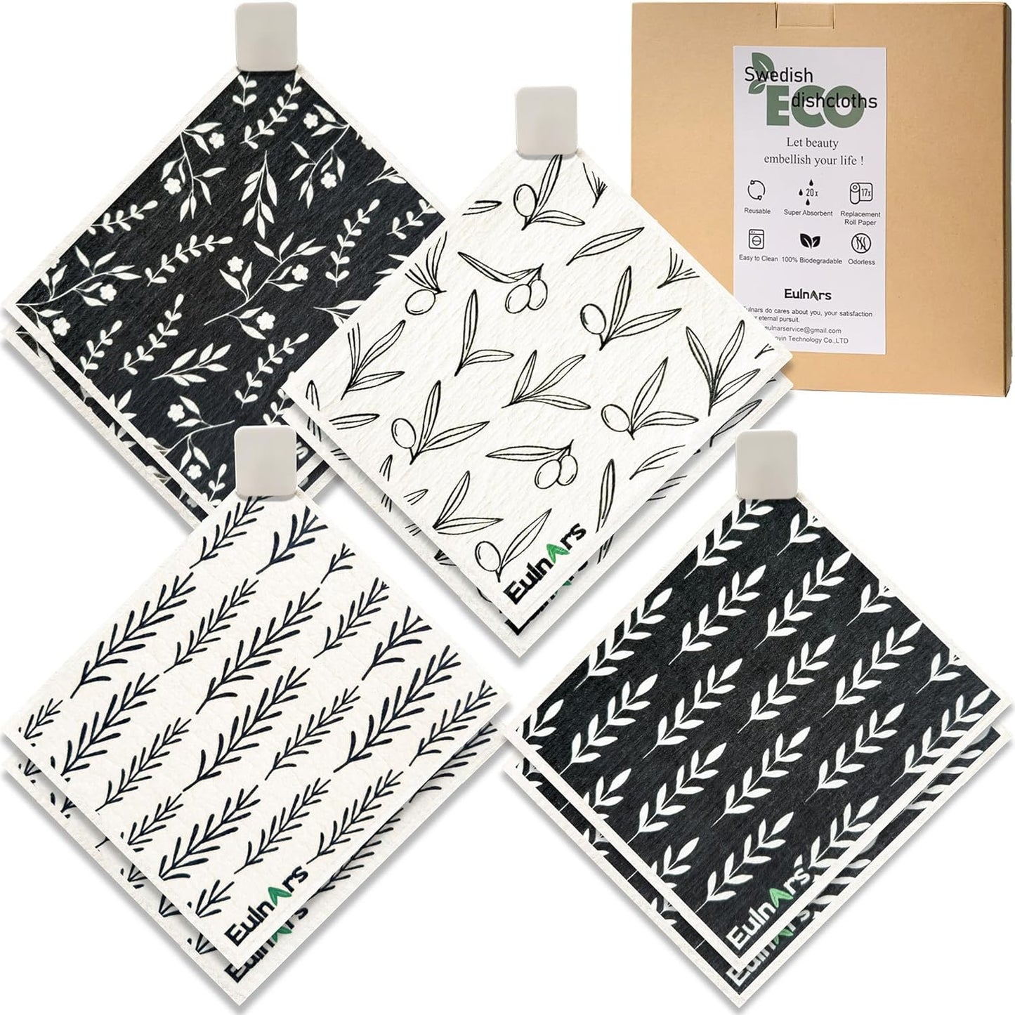Eulnars Swedish Dishcloths for Kitchen, 8 Pack Reusable Paper Towels with Clips, Non-Scratch Swedish Kitchen Towels, Super Absorbent Cellulose Sponge Cloths, Dishwasher Safe, No Odor