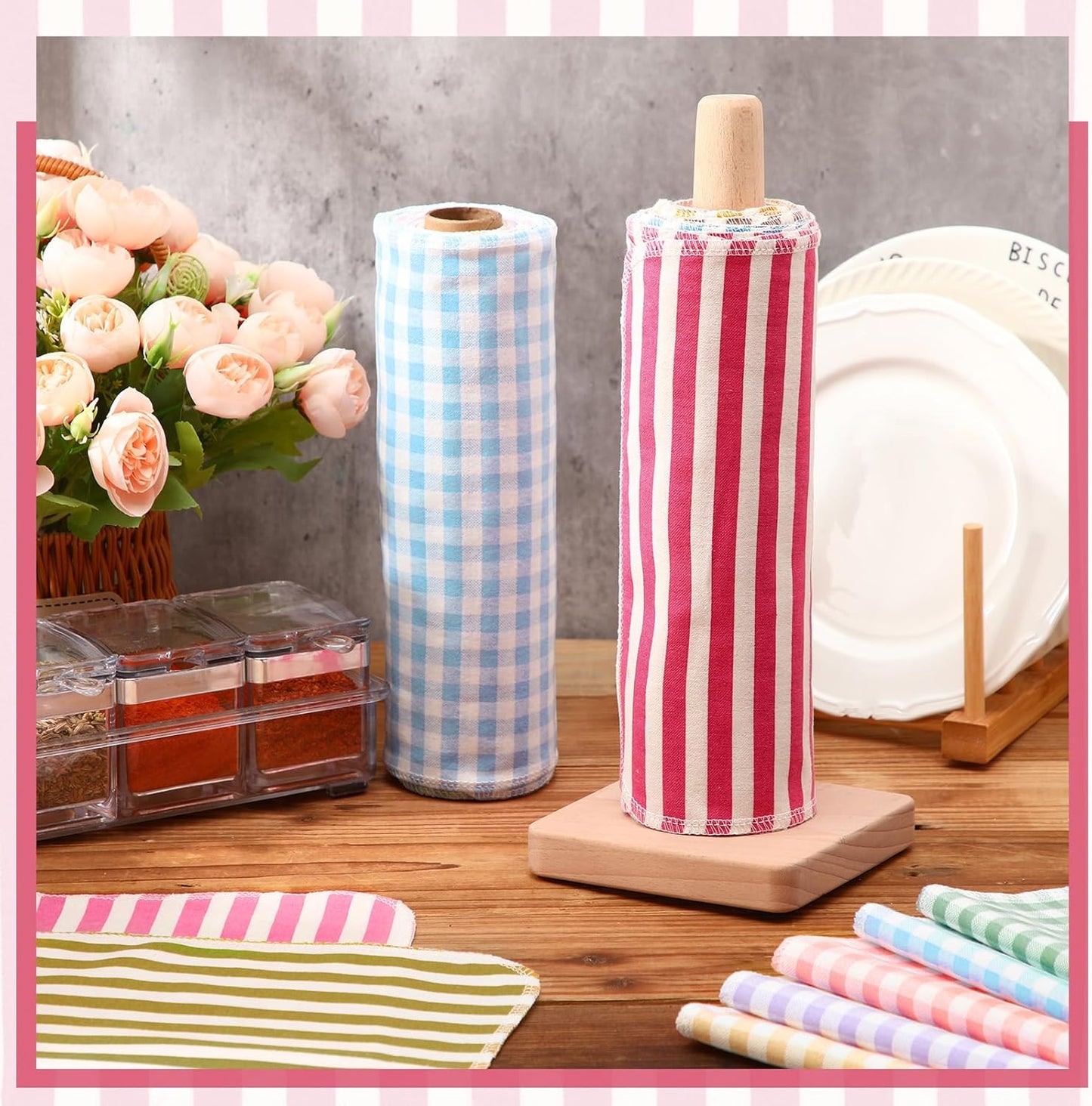 Redbaker 50 Pcs Reusable Paper Towels Paperless Reusable Cotton Cloths Toilet Absorbent Washable Paper Towels with Roll Kitchen Dishcloth for Kitchen Paperless Dishcloths(Stripe)