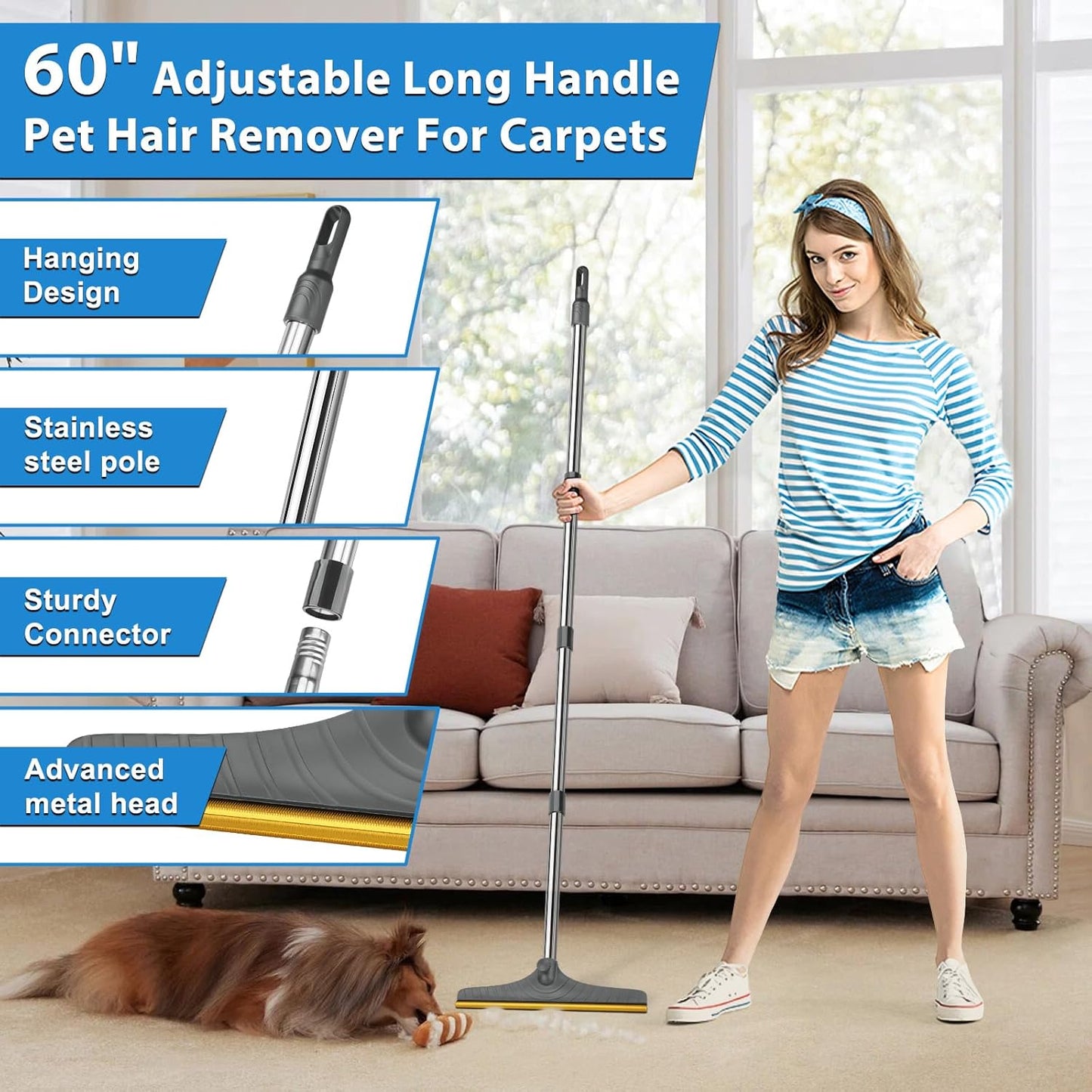 5FT Carpet Rake Pet Hair Remover, Reusable Carpet Rake with Telescopic Handle for Pet Hair Removal Tool Dog Cat Fur Remover Broom for Rugs, Mats, Beds, Stairs (Blue)