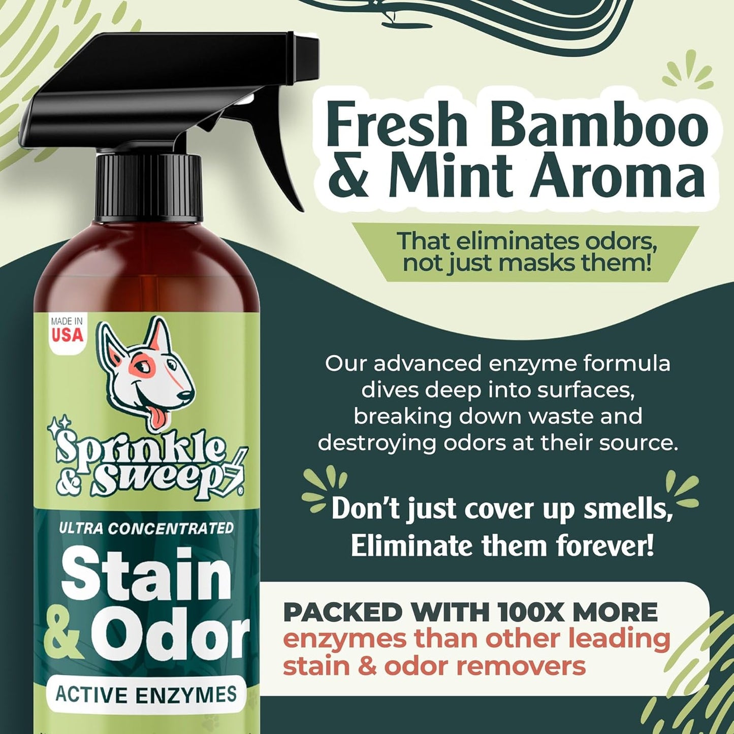 Sprinkle & Sweep: Pet Stain & Odor Enzyme Spray - 24oz - No Scrubbing Concentrated Formula, Dog & Cat Urine & Mess Destroyer, Carpet Spot Cleaning