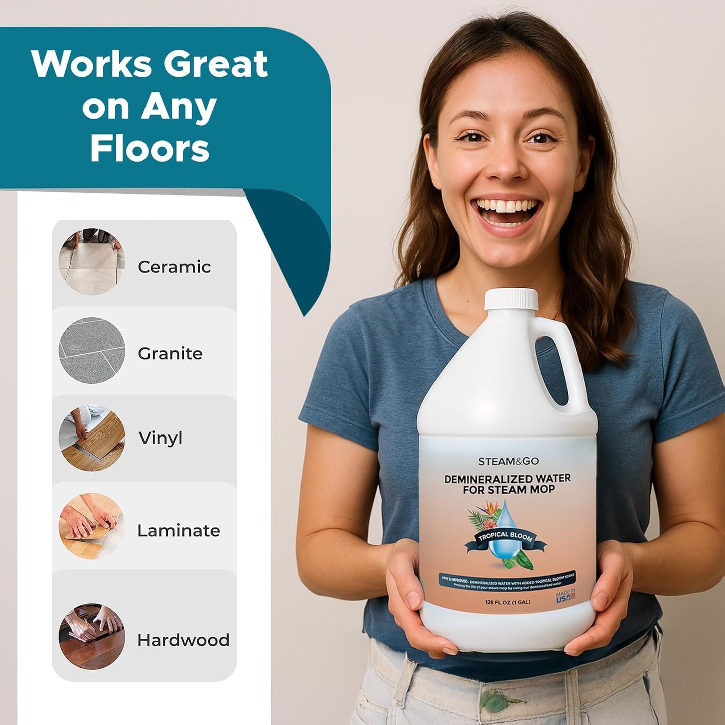 Steam & Go Demineralized Water for Steam Cleaner - PVC-Free Floor Cleaning Solution Compatible for All Steam Mops - Multi-Surface Cleaner for Home Surfaces - Tropical Bloom Scent, 32 oz
