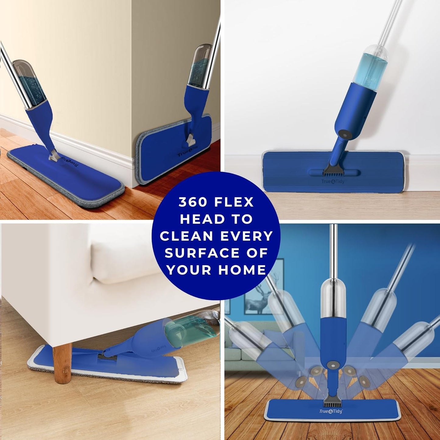 True & Tidy® SPRAY-250 Multi-Surface Spray Mop with Refillable Water Bottle for Floor Cleaning, Works on Wood, Tile, Marble etc, Use Any Cleaning Solution, Machine Washable Microfiber Mop Pads, Navy