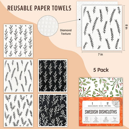 Swedish Dishcloths for Kitchen, Swedish Dish Cloths 5 Pack, Super Absorbent Reusable Paper Towels Washable, Biodegradable, Quick Drying, Dishwasher Safe