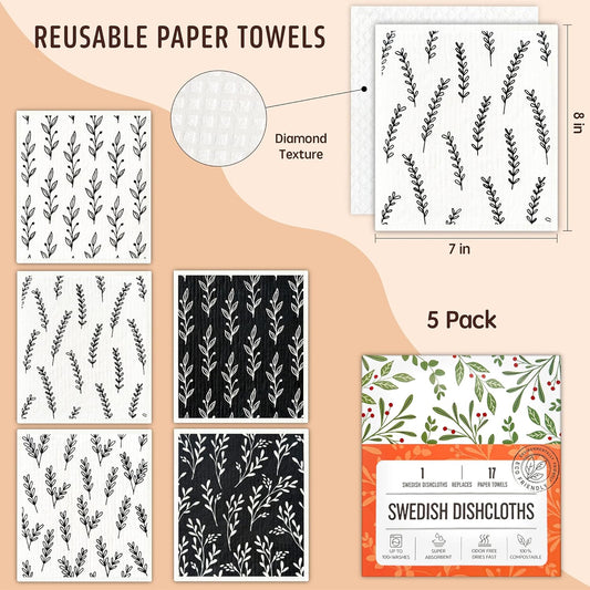 Swedish Dishcloths for Kitchen, Swedish Dish Cloths 5 Pack, Super Absorbent Reusable Paper Towels Washable, Biodegradable, Quick Drying, Dishwasher Safe