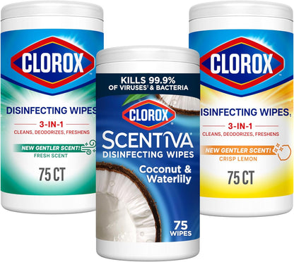 Clorox Disinfecting Cleaning Wipes for Spring Cleaning & Allergy Season, Bleach Free, Fresh Scent and Crisp Lemon, 75 Count Each, Pack of 4