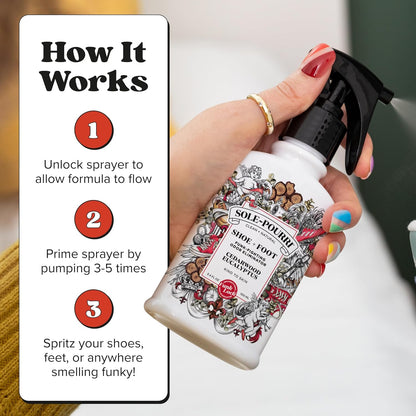 Sole-Pourri Shoe Deodorizer + Foot Spray, 3.4 Fl Oz, Up to 150 Uses, Funk-Fighting Odor Freshener with Essential Oils, for Smelly Shoes, Feet & Gym Bags, Citrus & Mint Scent