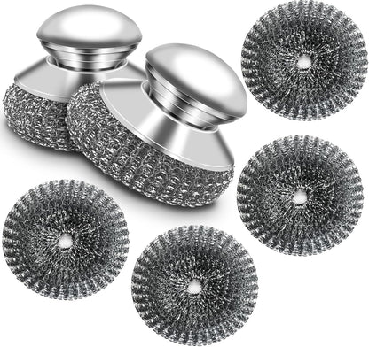 Stainless Steel Scrubber with Handle, Heavy Duty Steel Wool Scrubbers for Pots and Pans, Cast Iron, Steel Wool Scouring Pads for Stove, Oven, Grill, Kitchen, Sink Cleaning