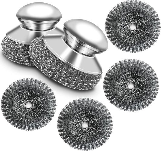 Stainless Steel Scrubber with Handle, Heavy Duty Steel Wool Scrubbers for Pots and Pans, Cast Iron, Steel Wool Scouring Pads for Stove, Oven, Grill, Kitchen, Sink Cleaning