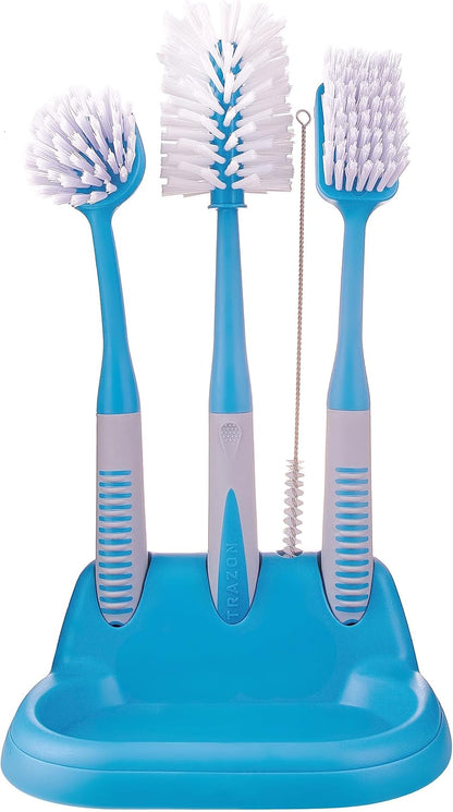Dish Brush Set of 5 with Holder - Kitchen Scrub Brushes with Non-Slip Long Handle for Cleaning, Scrubber, Dishwashing, Dishes, Bottles, Straws, Cups, Pots & Sink, Black