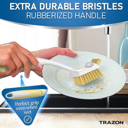 Dish Brush Set of 5 with Holder - Kitchen Scrub Brushes with Non-Slip Long Handle for Cleaning, Scrubber, Dishwashing, Dishes, Bottles, Straws, Cups, Pots & Sink, Black