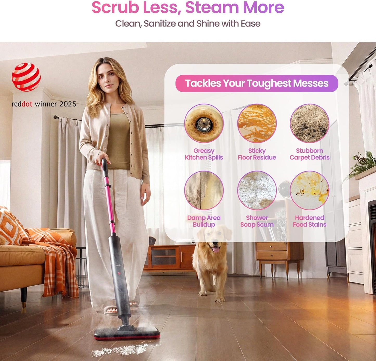 Schenley Steam Mop Cleaner Powerful - 15s Fast Heat-Up, Chemical-Free for Hardwood/Tile/Laminate & Floors/Walls, Washable Pads, 3 Modes for Carpet, Lightweight, Self-Standing, Sleek Design