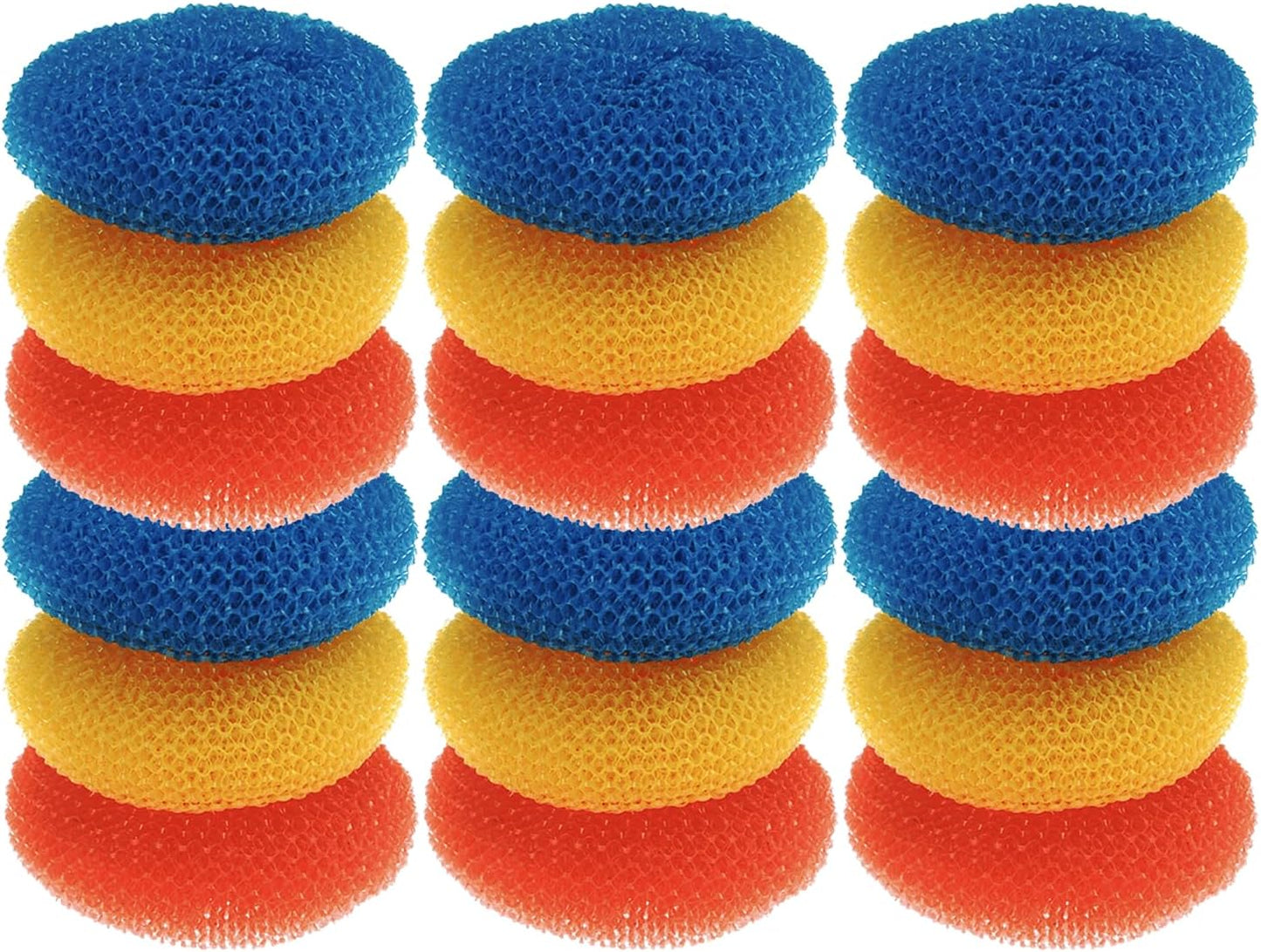 LOLA Plastic Mesh Scouring Pads - 3 Pack, 3.375" x 1.25", Non-Scratch Dish Scrubbers to Clean Dishes, Assorted Colors - Red, Blue & Yellow