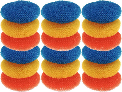 LOLA Plastic Mesh Scouring Pads - 3 Pack, 3.375" x 1.25", Non-Scratch Dish Scrubbers to Clean Dishes, Assorted Colors - Red, Blue & Yellow