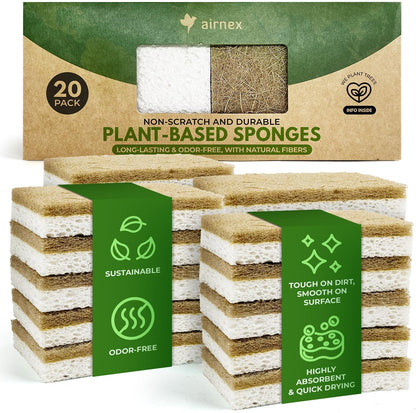 AIRNEX Biodegradable Natural Kitchen Sponges Pack of 6 - Cellulose and Coconut Walnut Scrubber Sponge - Eco Friendly Sponges for Dishes