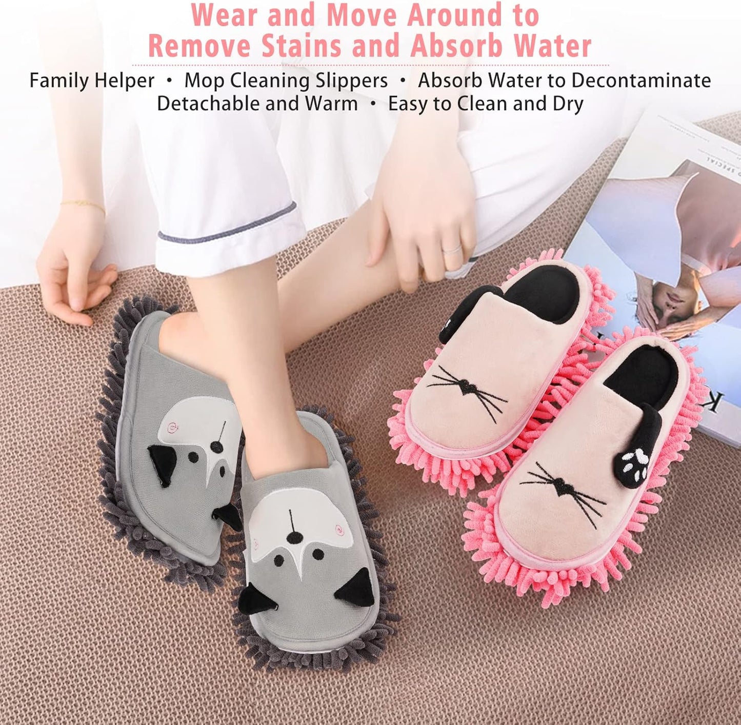 Cartoon Dog Mop Slippers Microfiber Clean Dusting Slippers Detachable Mopping Shoes for Office Home Room (Khaki)