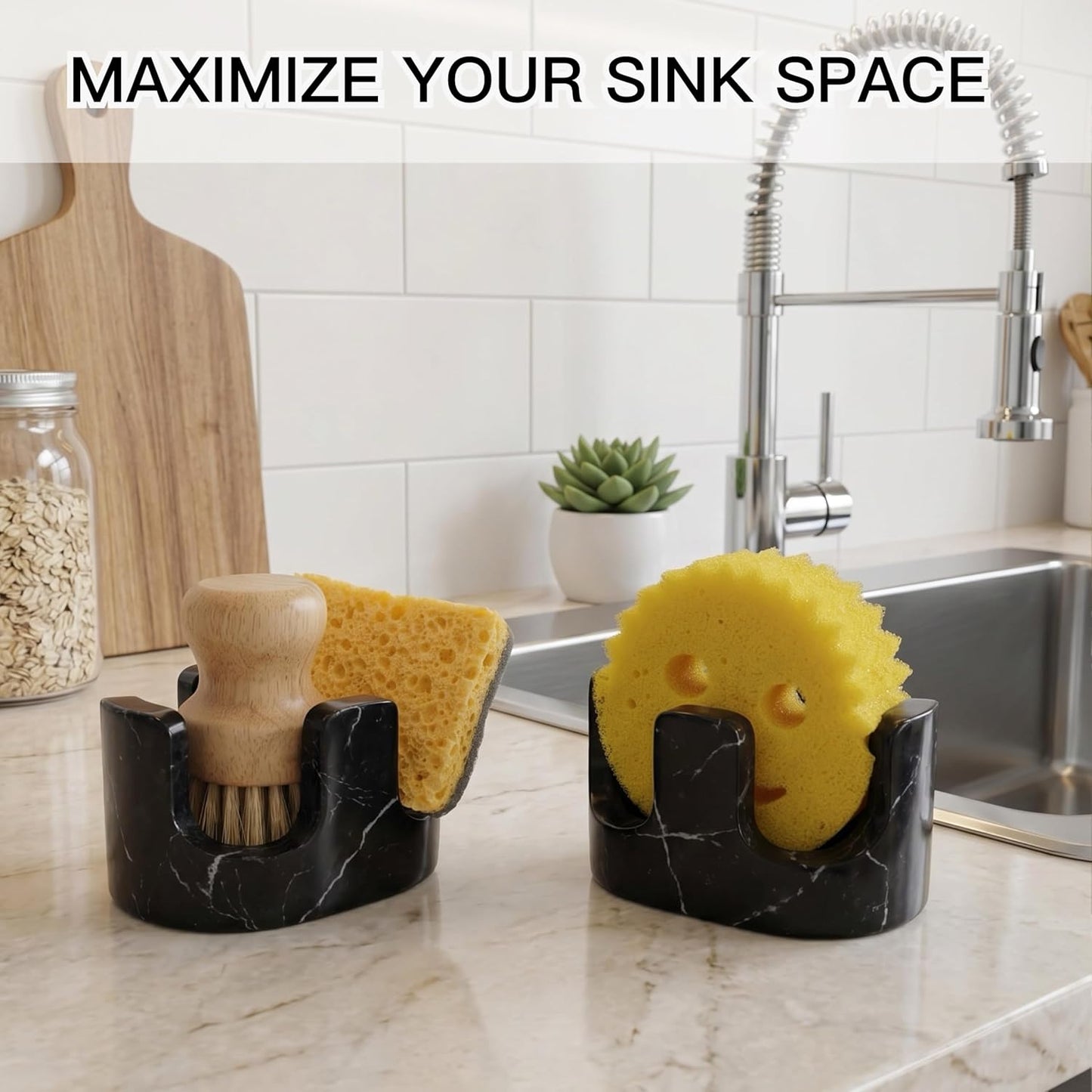 White Marble Sponge Holder for Kitchen Sink, 2-in-1 Sponge & Brush Holder with Raised Edge, 2 Slot Natural Stone Sink Caddy for Countertop, Keeps Countertops Dry, Non-Slip Base, Modern Kitchen Decor