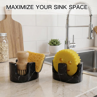 White Marble Sponge Holder for Kitchen Sink, 2-in-1 Sponge & Brush Holder with Raised Edge, 2 Slot Natural Stone Sink Caddy for Countertop, Keeps Countertops Dry, Non-Slip Base, Modern Kitchen Decor