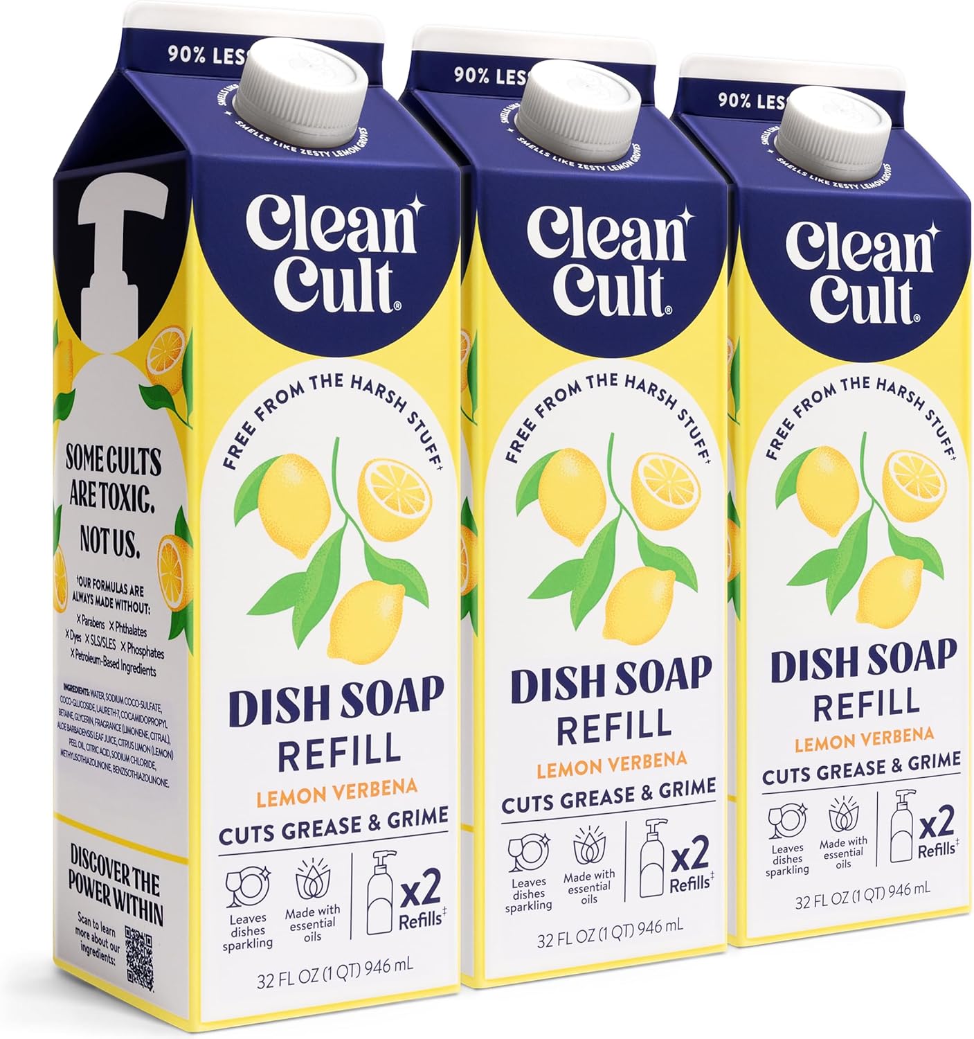 Cleancult Dish Soap Liquid Refill (32oz, 3 Pack) - Plant Based Cleaning Power - Dish Soap that Cuts Grease & Grime - Free of Harsh Chemicals - Uses 90% Less Plastic - Fresh Rain