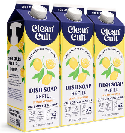 Cleancult Dish Soap Liquid Refill (32oz, 3 Pack) - Plant Based Cleaning Power - Dish Soap that Cuts Grease & Grime - Free of Harsh Chemicals - Uses 90% Less Plastic - Fresh Rain