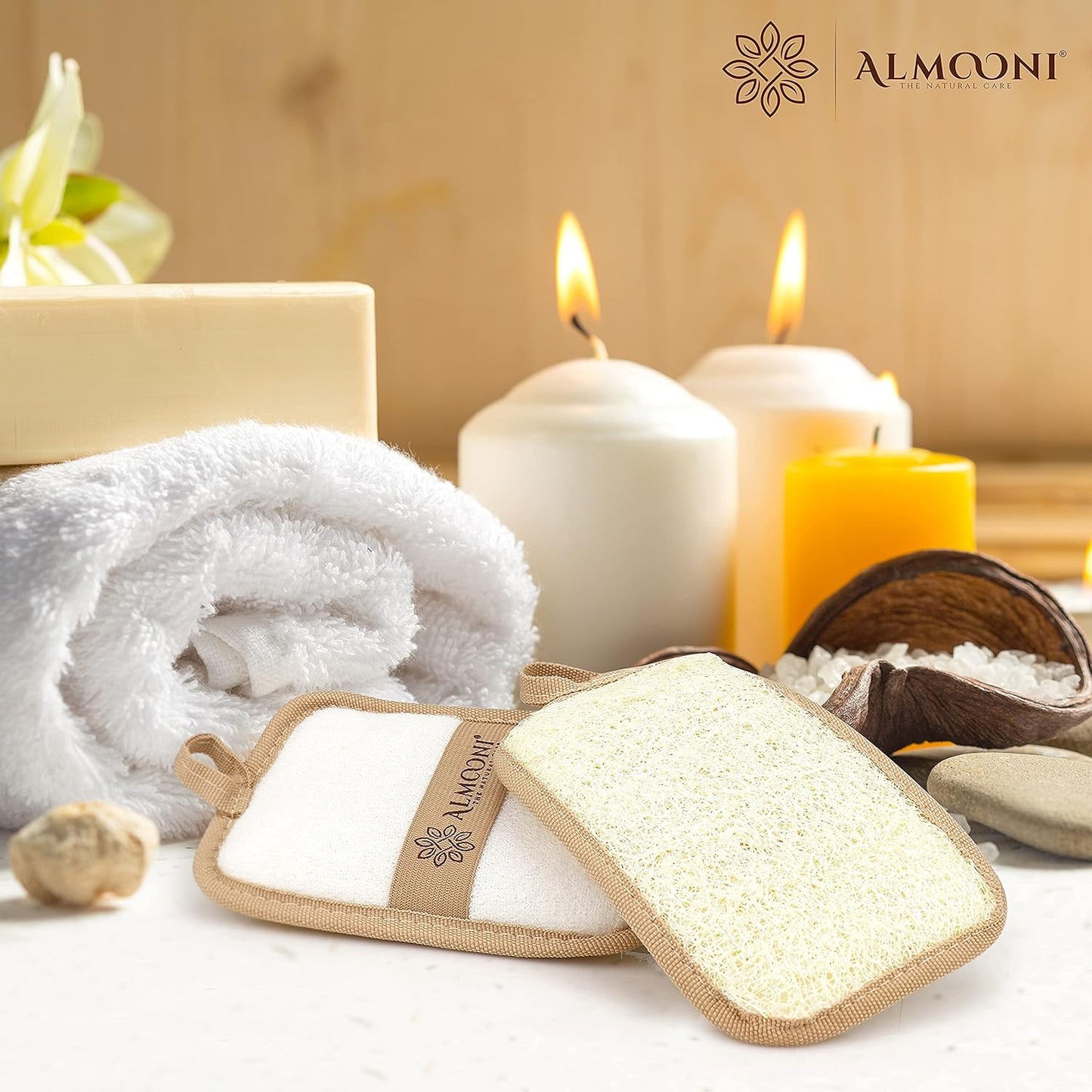 Almooni Natural Loofah Exfoliating Body Scrubber, Made with Natural Egyptian Shower Loofah Sponge, Bath Shower Loofah Sponge for Women and Men, for Face and Body That Gets You Clean - 2 Count (1 Pack)