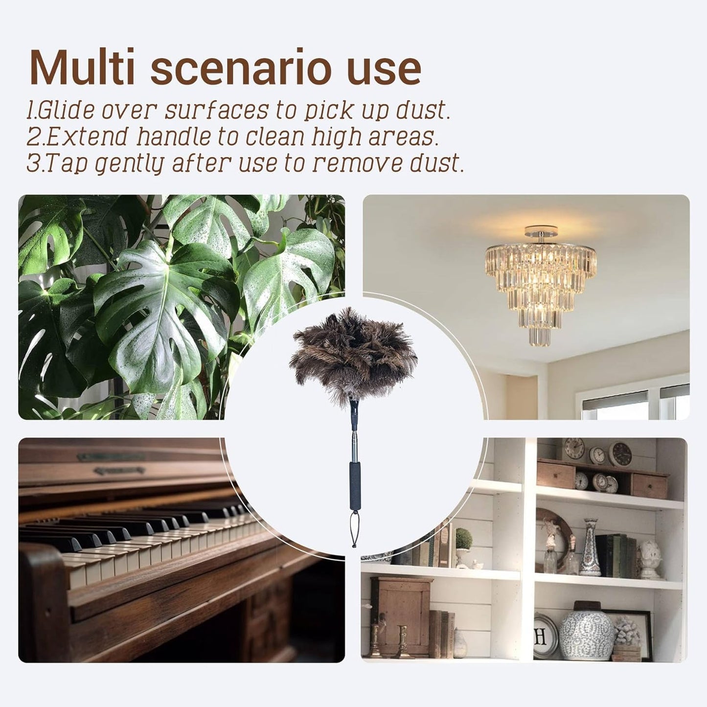 Extendable Ostrich Feather Duster, Natural Ostrich Feathers Long Handle Duster for Cleaning, 47” Soft & Fluffy Feather Duster for High Ceilings, Fans, Walls, Furniture, Home Dusting