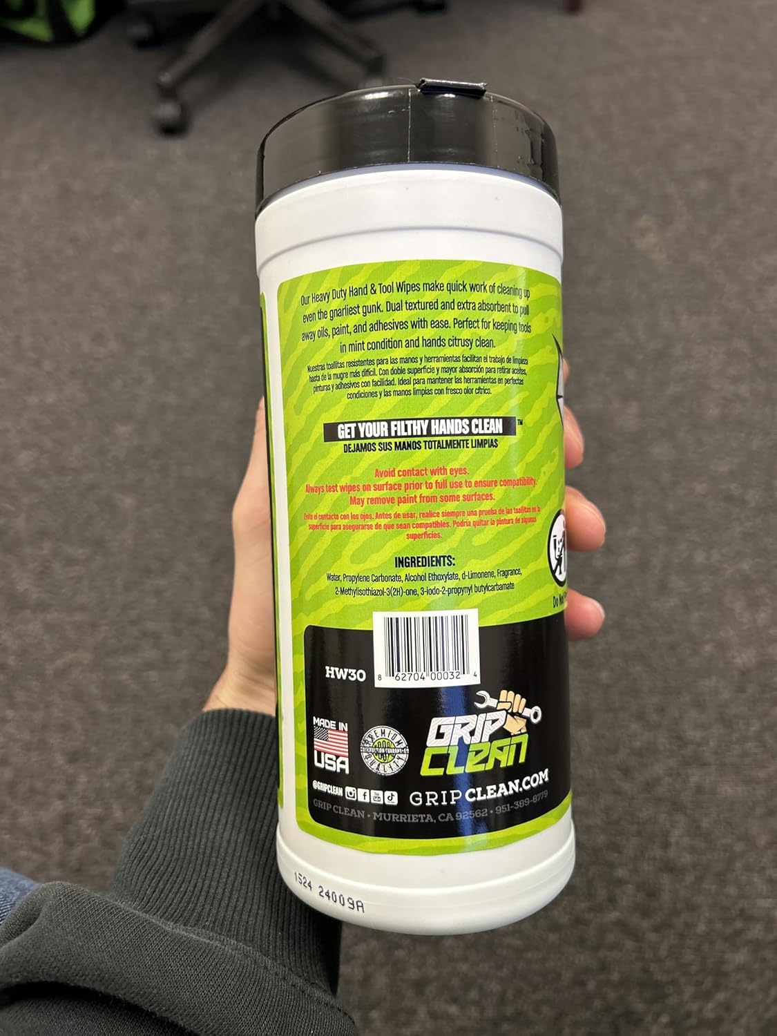 Grip Clean Heavy Duty Hand & Tool Cleaning Wipes – Waterless Hand Cleaner for Mechanics, Garage & Shop Use – Dual-Sided Grease, Oil & Paint Remover Wipes with Citrus Scent - 30ct