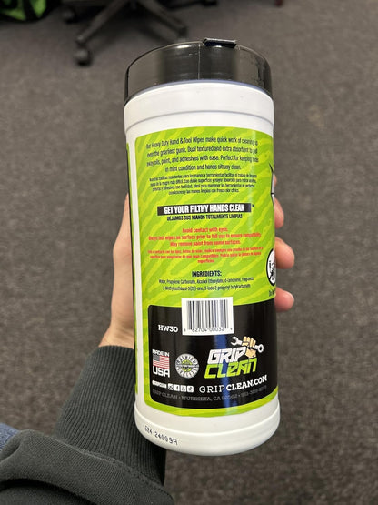 Grip Clean Heavy Duty Hand & Tool Cleaning Wipes – Waterless Hand Cleaner for Mechanics, Garage & Shop Use – Dual-Sided Grease, Oil & Paint Remover Wipes with Citrus Scent - 30ct
