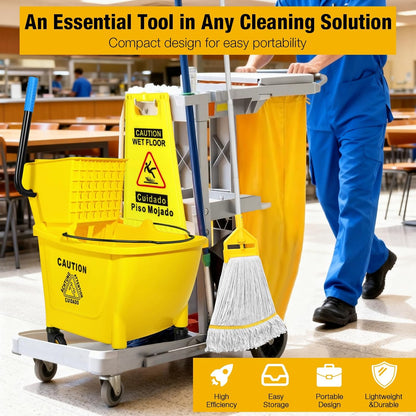 35 Qt Commercial Mop Bucket with Side Press Wringer on Wheels,Heavy Duty Industrial Mop and Bucket Set for Floor Cleaning,Including 1 Wet Floor Caution Sign for Household and Business,Yellow