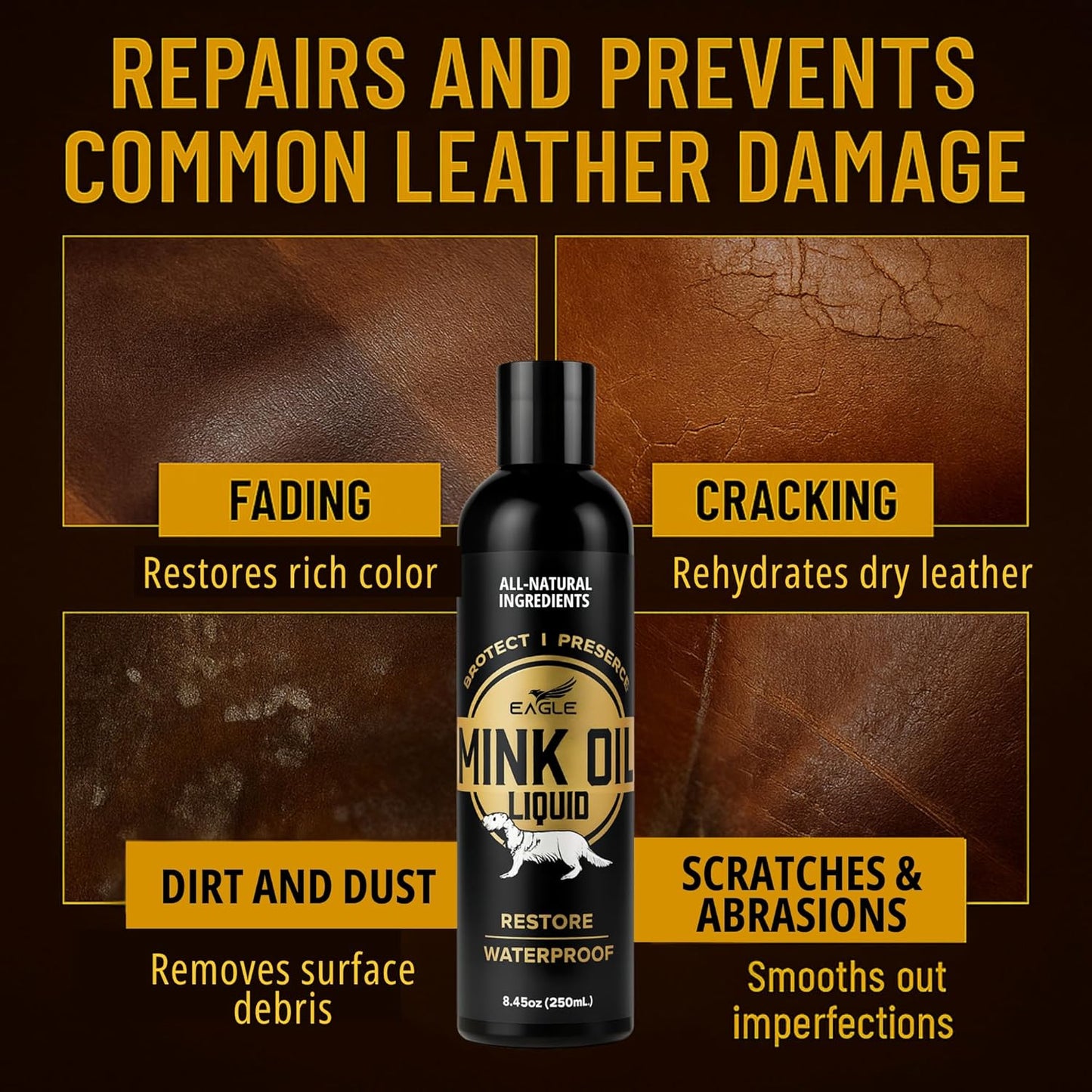 Eagle Mink Oil Liquid Leather Conditioner 8oz with Cloth – Softens, Waterproofs & Preserves Boots, Shoes, Bags, Jackets & Furniture – Natural Leather & Vinyl Conditioner for Long-Lasting Protection