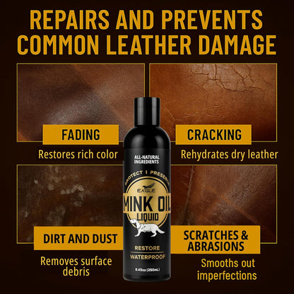 Eagle Mink Oil Liquid Leather Conditioner 8oz with Cloth – Softens, Waterproofs & Preserves Boots, Shoes, Bags, Jackets & Furniture – Natural Leather & Vinyl Conditioner for Long-Lasting Protection
