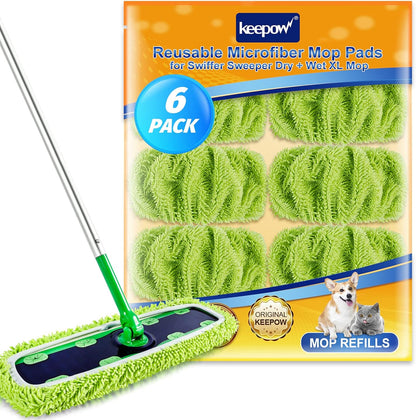 KEEPOW Reusable XL Mop Pads Compatible with Swiffer XL Sweeper, X-Large Dry Sweeping Cloths, Wet Mopping Cloths, Washable Microfiber XL Wet Pads Refills for Surface/Hardwood Floor Cleaning, 4 Pack