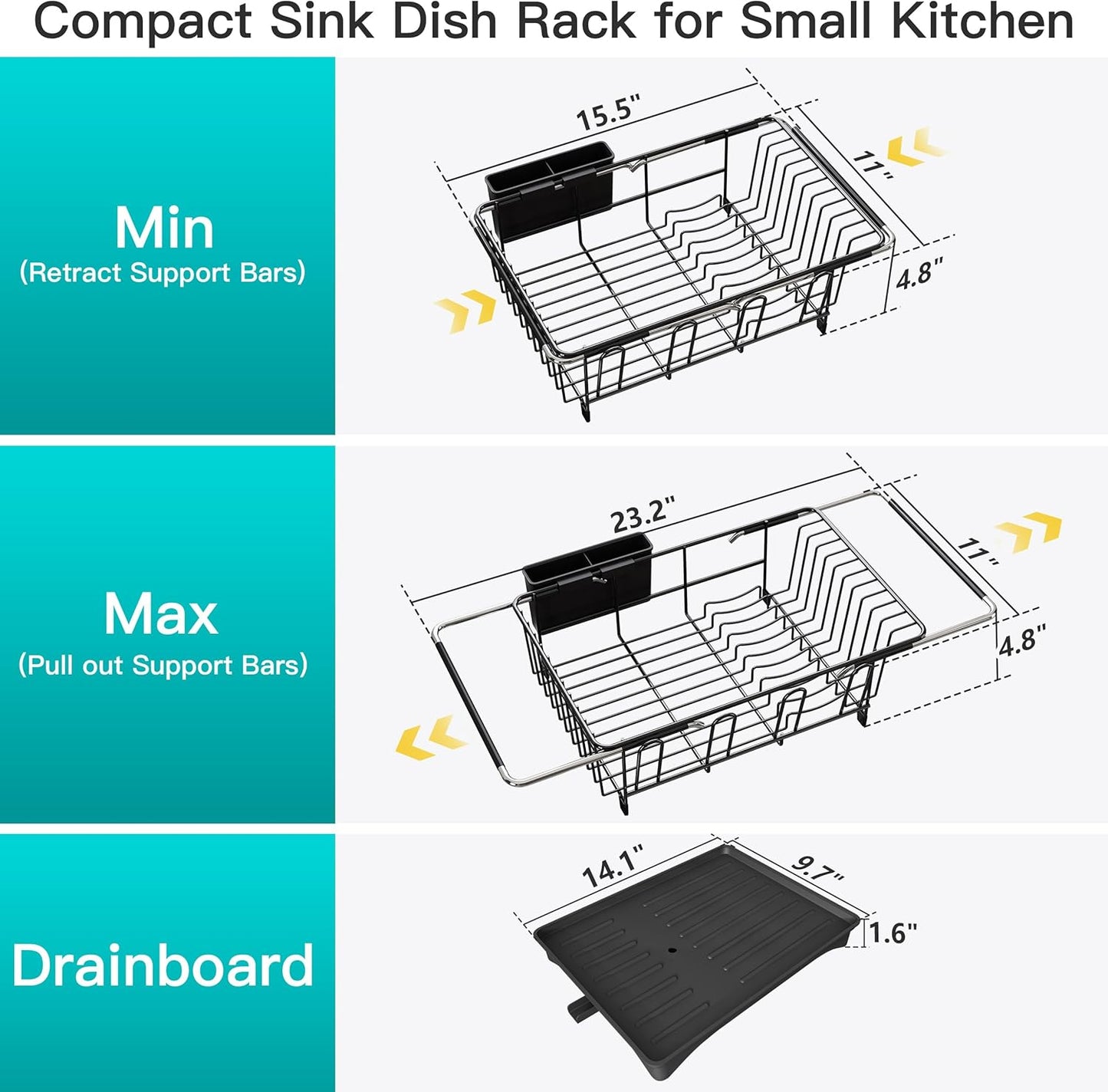 JASIWAY Dish Drying Rack in Sink, Expandable Stainless Steel Dish Drainers for Kitchen Counter, Dish Dryer Rack for Inside Sink, Over The Sink Dish Racks with Utensil Holder, Silver