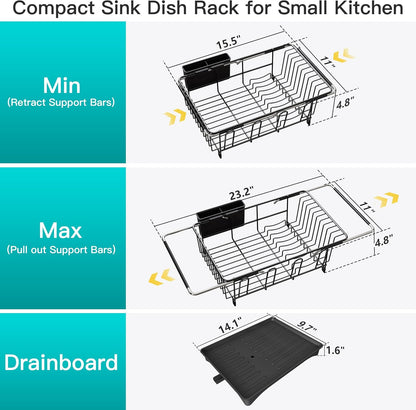 JASIWAY Dish Drying Rack in Sink, Expandable Stainless Steel Dish Drainers for Kitchen Counter, Dish Dryer Rack for Inside Sink, Over The Sink Dish Racks with Utensil Holder, Silver