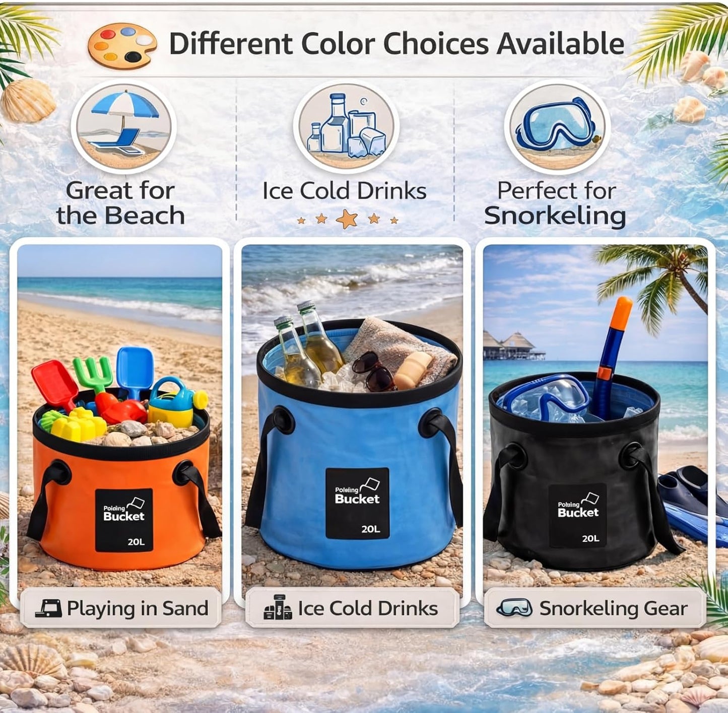 Tessco for you 4 Pcs 20L Collapsible Bucket with Handle 5 Gallon Portable Folding Bucket Foldable Water Container for Camping Hiking Fishing Beach Car Washing (Blue, Yellow, Orange, Black)