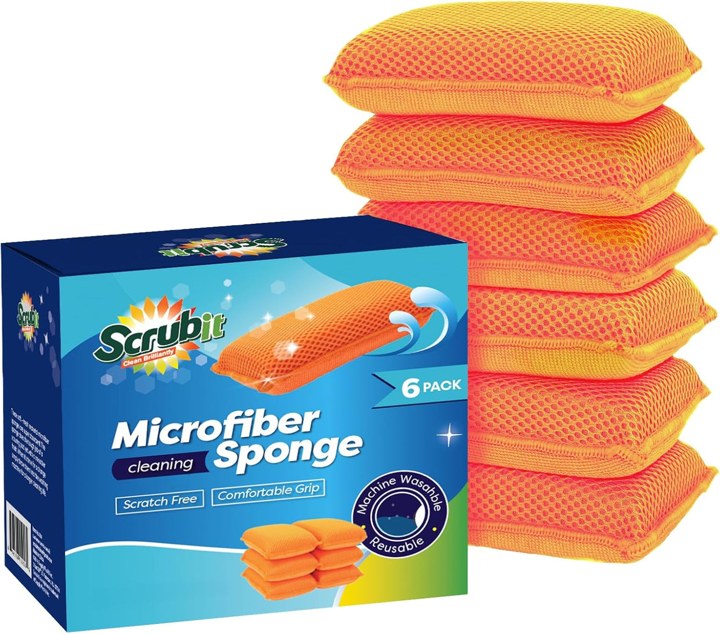 Miracle Microfiber Kitchen Sponge by Scrub-It (6 Pack) - Non-Scratch Heavy Duty Dishwashing Cleaning sponges- Machine Washable - (Blue)