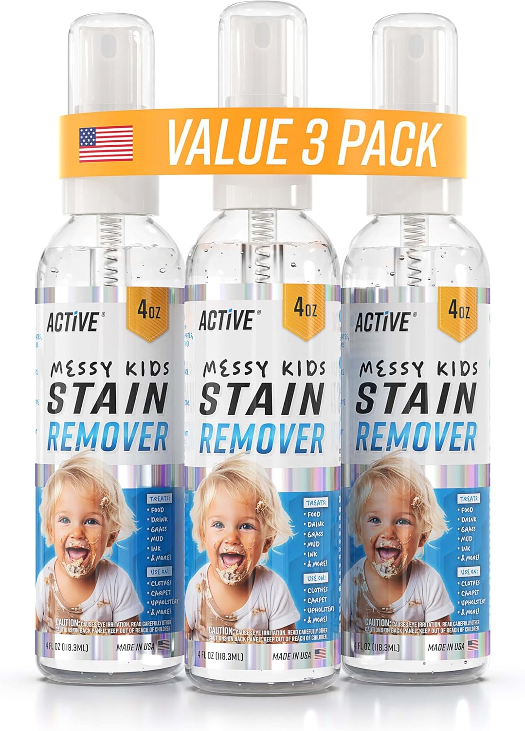 Messy Kids Stain Remover Spray - ACTIVE Laundry Spot Cleaner, Natural Stain Treater Spray for Baby Clothes Fabric, Toddler Clothing, Rescue Mess Removal for Food, Oil Stains, Great for Travel - 4 oz