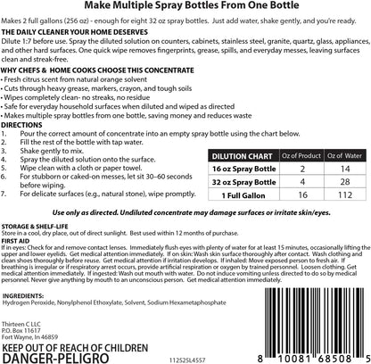 Thirteen Chefs 8X All Purpose Cleaner Concentrate - Makes 2 Gallons of Kitchen and Bathroom Cleaner for Granite and Quartz Countertops, Stainless Steel, Wood Floors - 32oz (No Sprayer Included)