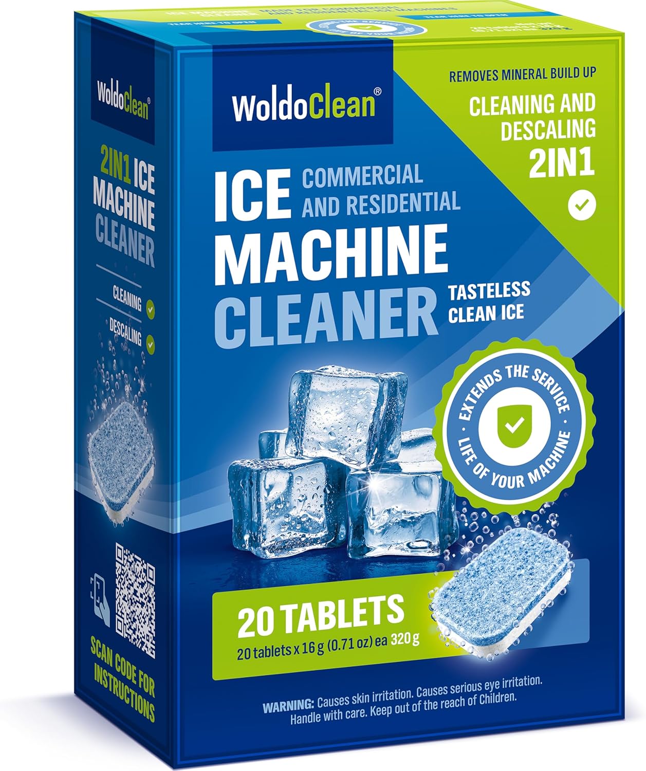 WoldoClean Ice Machine Cleaner Tablets 20 Count - 2in1 Descaler, Extra Strength 16g Dual Action for Countertop, Nugget, Portable and Commercial Makers, Nickel