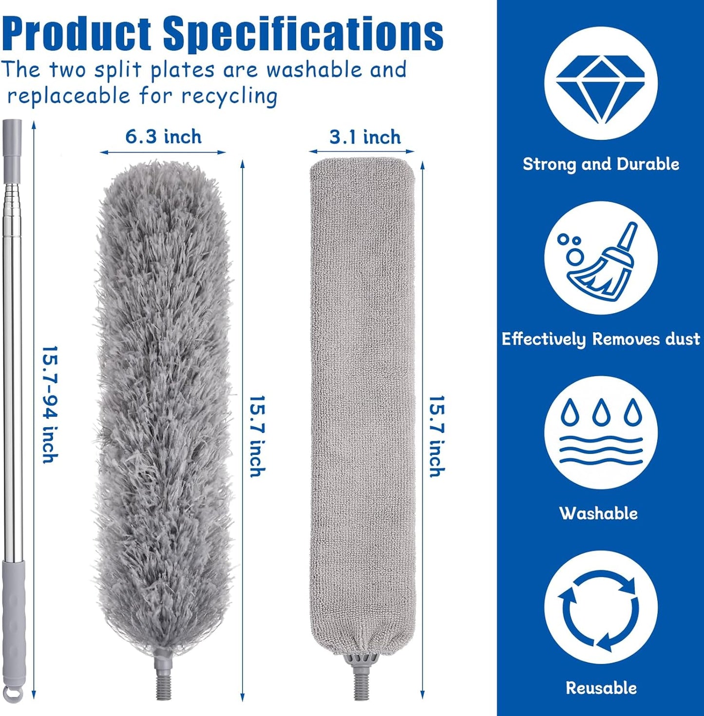 9PCS Dusters for Cleaning,Extendable Microfiber Duster with Extension Pole Up to 100'',Bendable Washable and Reusable Dusters Kit for Ceiling Fans, High Ceilings,Blinds,Furniture and Cars